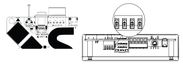 MOAB board with arrow indicating removal direction, and DIP switches shown in all ON positions in zoomed callout