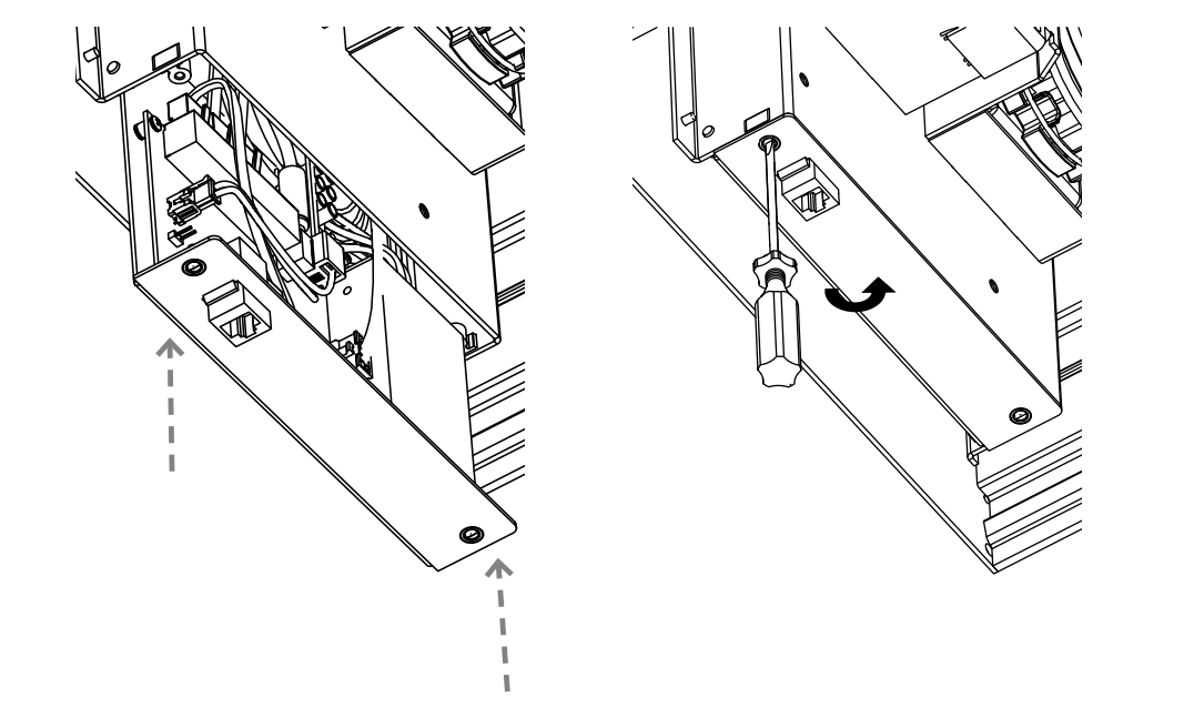 End panel sliding up into Zero G enclosure, then screwdriver tightening fastener to secure it