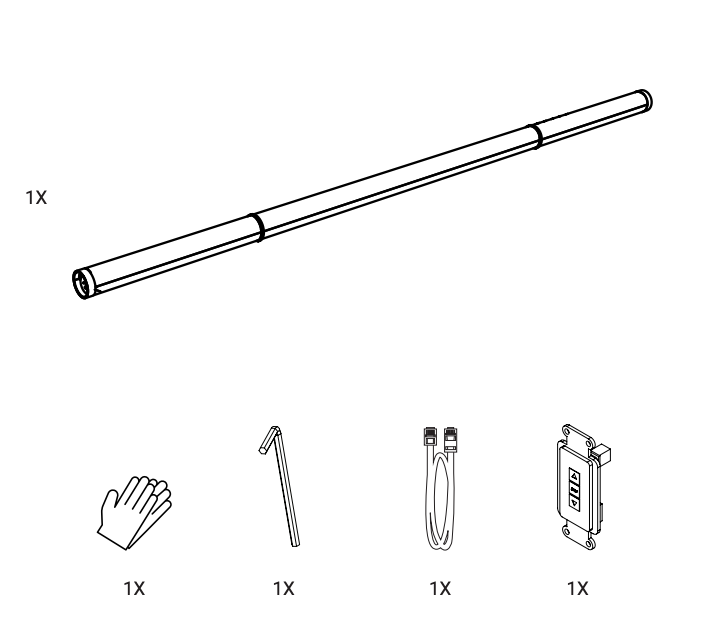 Parts diagram showing one roller tube, gloves, hex key, data cable, and wall switch controller