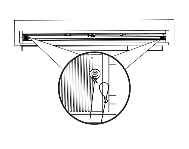Magnified view of wing drop adjustment pulley with thumb turn bolt and cord detail
