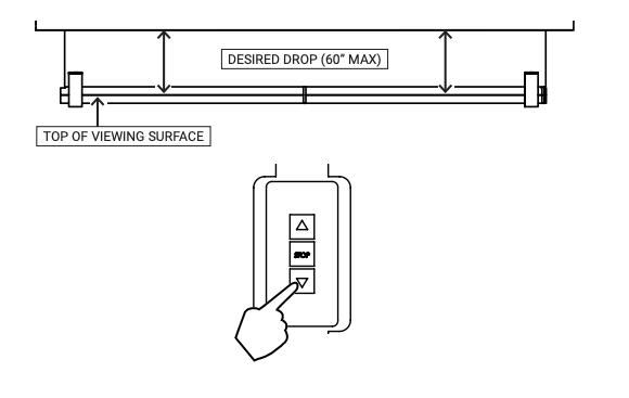 Diagram showing desired drop measurement up to 60 inches from ceiling to top of viewing surface, with hand pressing down button on wall switch below
