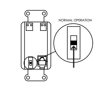 Wall switch with toggle in normal operation position, arrow pointing upward in callout circle
