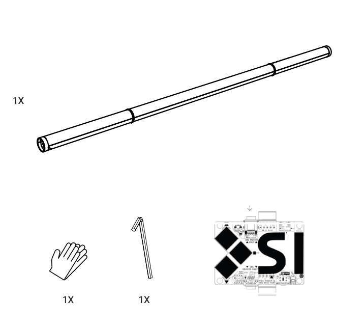 Parts diagram showing one roller tube, one pair of gloves, one hex key, and one MOAB circuit board