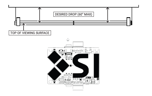 Diagram showing desired drop measurement up to 60 inches from ceiling mount to top of viewing surface, with MOAB control board below