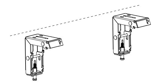 Two mounting brackets shown at an angle, illustrating proper alignment along a dashed reference line