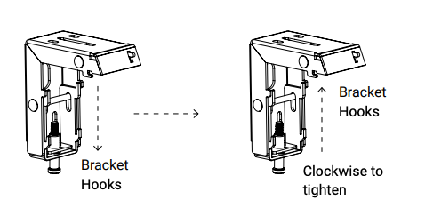 Diagram showing bracket hooks lowering onto mount, then rotating clockwise to tighten and secure cassette