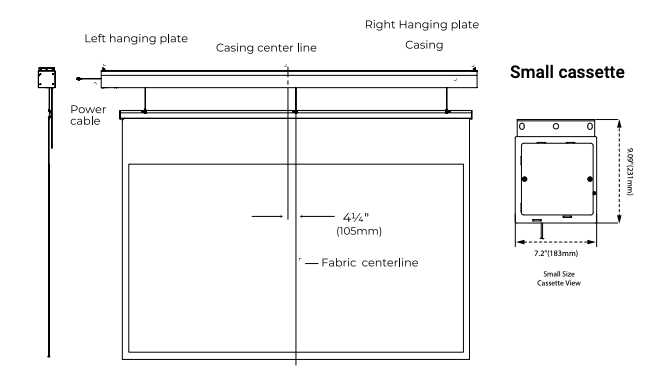 Diagram showing small cassette casing centerline versus fabric centerline offset of 4¼ inches, with labeled hanging plates, power cable, and small cassette cross-section view measuring 7.2 inches wide.