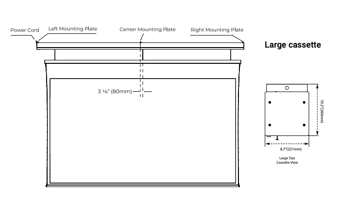 Large cassette front-view diagram showing power cord, left, center, and right mounting plates with 3⅛