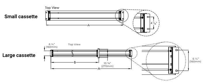 Top view diagrams comparing small and large cassette dimensions with labeled measurements A and B