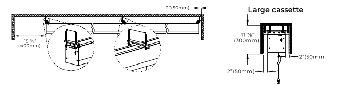 Ceiling installation diagram showing 400mm service clearance and large cassette dimensions of 300mm height and 50mm offsets