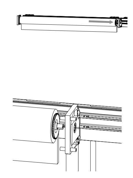 Diagram showing shade extrusion sliding rightward onto wall brackets, with arrow indicating direction, and close-up of helical insert tightening on coupler below