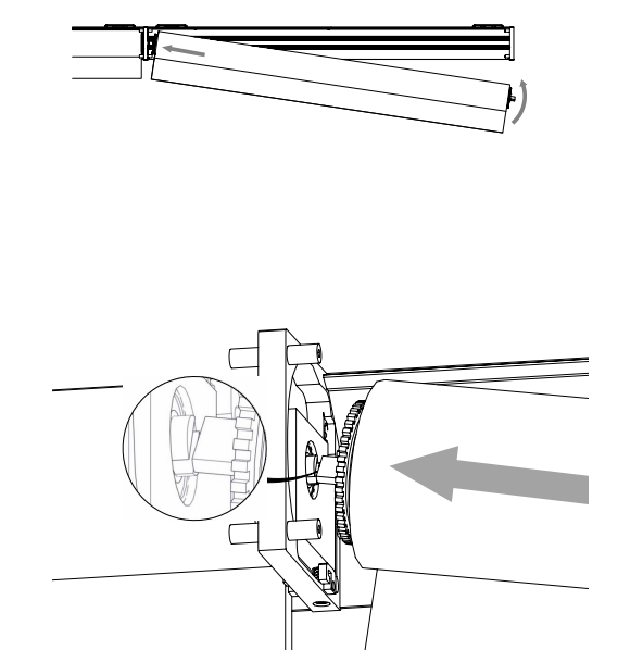 Top: shade extrusion angling down from wall bracket during installation. Bottom: arrow indicating idler insertion direction into coupler bracket, with gear detail inset.