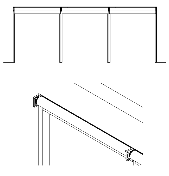 Front elevation diagram of three-shade KAOS extrusion assembly mounted at ceiling, with detail view showing wall bracket and roller tube end cap connection at jamb.