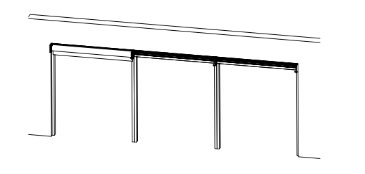 Three-bay shade extrusion assembly mounted to ceiling with wall brackets and vertical side channels shown in isometric line drawing.