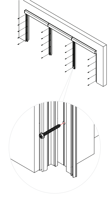Nano side channel aligned to wall bracket with screw inserted through pre-drilled hole, detail callout shown