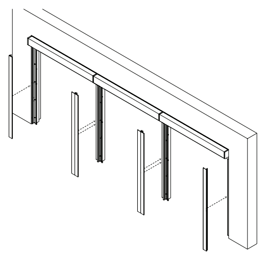 Nano side channels mounted vertically between ceiling track and floor in isometric diagram view