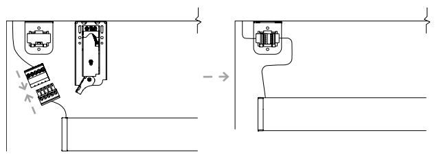 Diagram showing terminal block bracket installation before and after connecting shade wiring and snapping into place