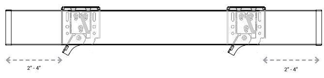 Front view diagram showing wall bracket placement 2 to 4 inches from each end of shade cassette