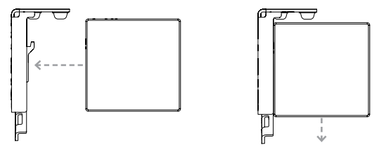 Diagram showing shade cassette sliding horizontally onto wall bracket, then dropping down to lock in place