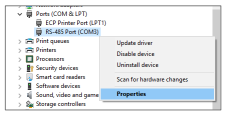 Windows Device Manager showing RS485 Port right-click menu with Properties highlighted