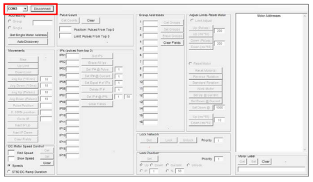 Somfy SDN Motor Configuration Software interface showing COM port selector and Connect button at top left