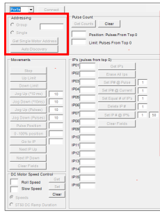 SDN Motor Configuration software interface showing Addressing, Movements, and Pulse Count sections