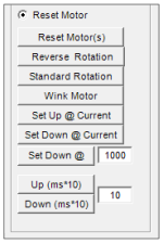 Reset Motor control panel with buttons for rotation, wink, and up/down current settings