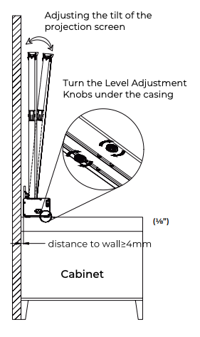 Diagram showing tilt adjustment of wall-mounted projection screen with Level Adjustment Knobs callout and 4mm minimum wall clearance requirement
