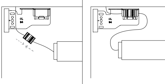 Two-panel diagram showing power connector being routed and snapped into bracket during fabric roll installation step