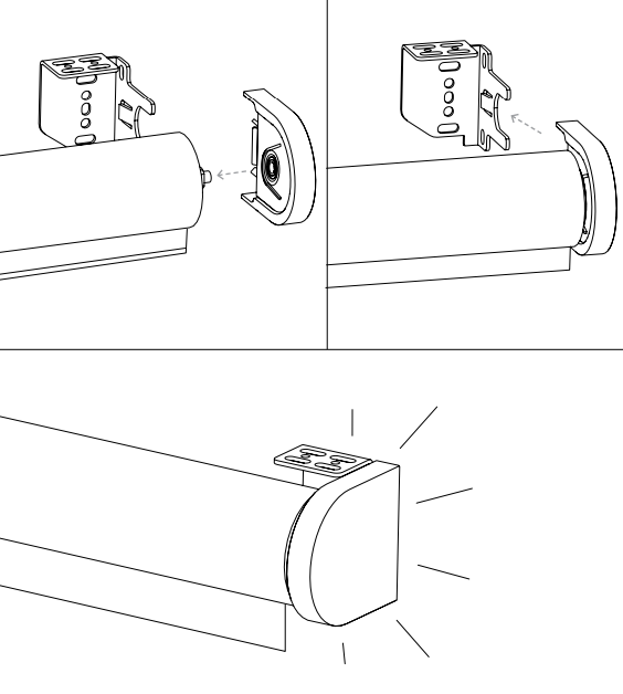 Three-panel diagram showing idler end cap removal, bracket alignment, and snap-fit installation onto Nano shade roller tube