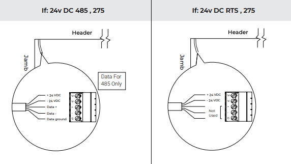 Wiring diagrams comparing 24v DC 485 and RTS connections for Nano shade motor jamb header terminals