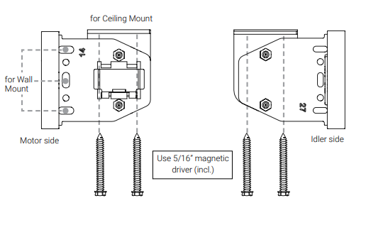Nano bracket diagram showing motor side and idler side screw hole positions for ceiling and wall mount orientations, with 5/16-inch magnetic driver note