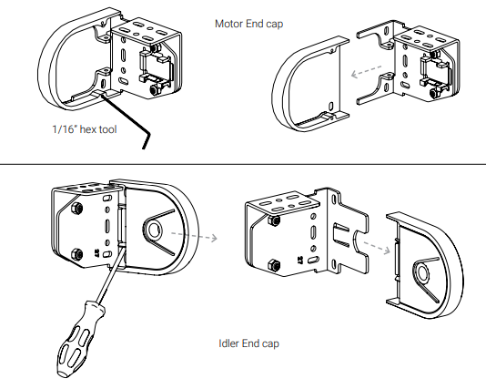 Exploded diagrams showing Motor End Cap and Idler End Cap removal using a 1/16-inch hex tool