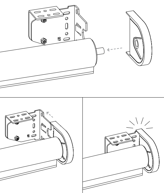 Three-panel diagram showing idler end cap alignment, insertion onto roller tube, and audible click confirmation during Nano shade installation