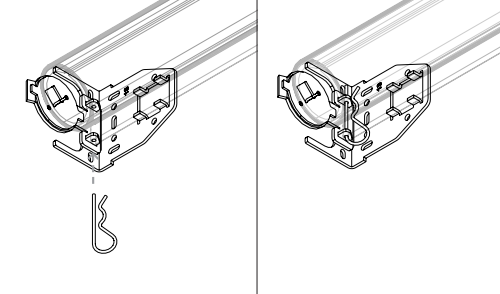 Cotter pin being inserted into Nano motor bracket to secure the roller tube in place