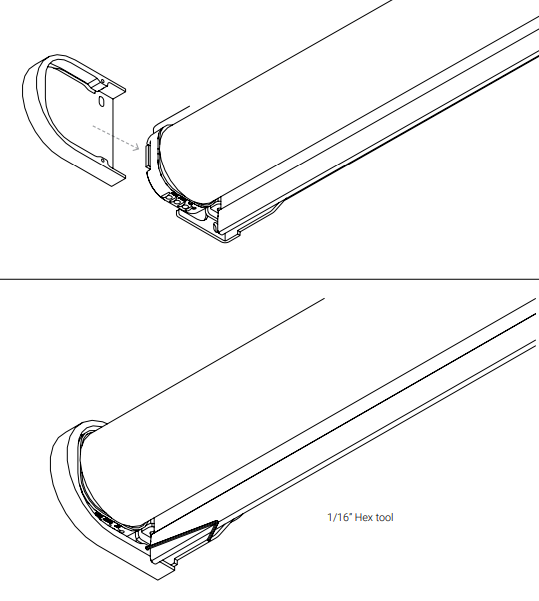 End cap alignment exploded view above, end cap snapped onto roller tube below with 1/16-inch hex tool callout