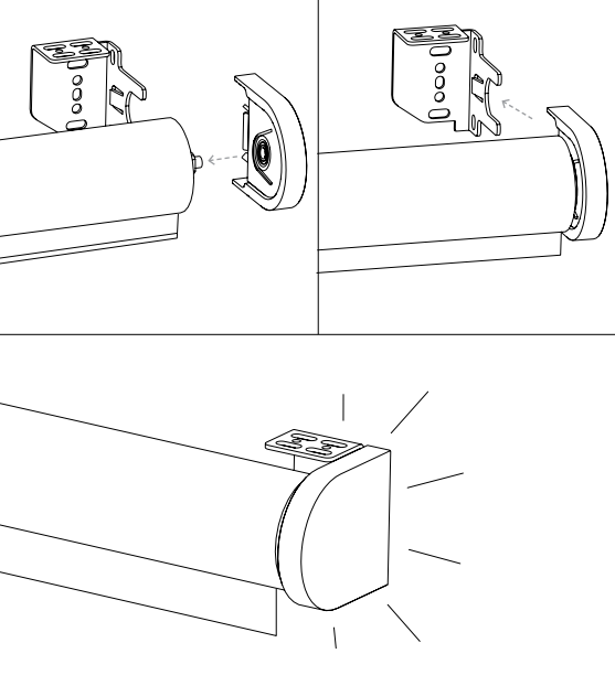 Three-panel diagram showing motor end insertion, idler end cap snapping into bracket, and completed fabric roll installation with bracket secured.