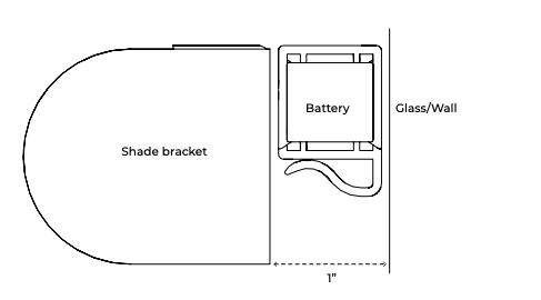 Ceiling mount diagram showing battery unit positioned 1 inch from glass or wall behind shade bracket