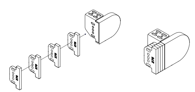 Exploded diagram showing spacer blocks sliding onto a Nano shade bracket, with assembled view at right