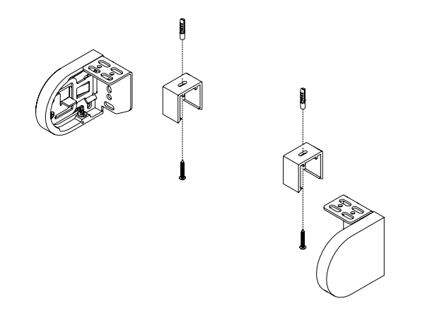 Exploded diagram showing Nano shade brackets separating from end caps with mounting screws