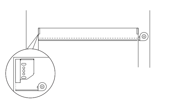 Nano ceiling mount bracket positioned at least 1 inch from back wall plane, with callout showing bracket detail and screw port