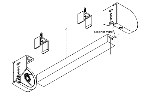 Exploded diagram showing magnet wire connection point on Nano shade tube with external battery brackets positioned for ceiling mount installation
