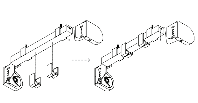 Diagram showing spacer blocks and leveling shims attaching to Nano shade brackets before installation