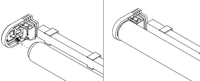 Nano bracket shown open and closed during shade tube installation, two-view diagram