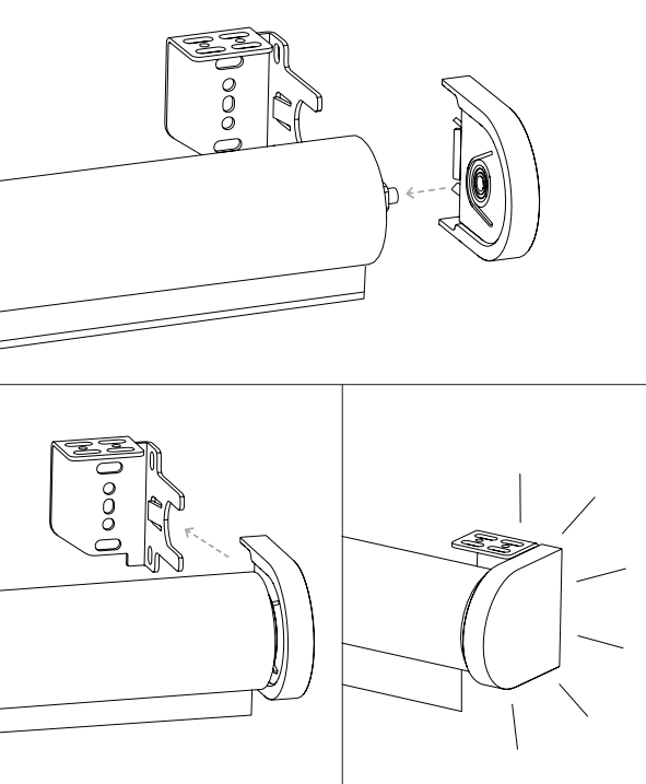 Nano end cap aligning onto roller tube stub, shown in exploded and assembled bracket views