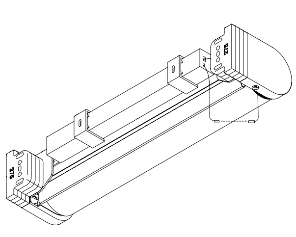 Isometric line drawing of Nano shade housing with two end caps and internal bracket assembly