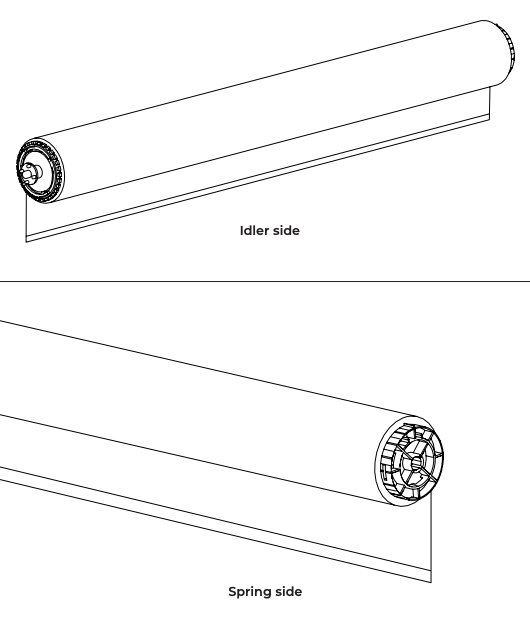 Diagram showing roller shade idler side end cap above and spring side end cap below