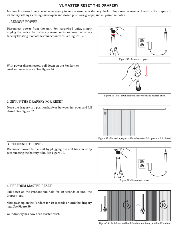 SilenTrac drapery master reset steps: disconnect power, pull pendant, position drapery halfway, reconnect power, hold pendant to reset