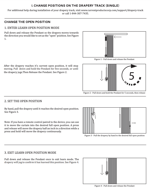 Drapery track single open position change instructions with four step diagrams showing pendant pull, hold, hand-pull, and release actions