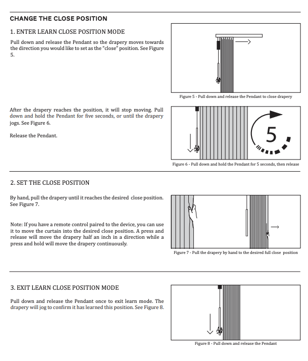 Four-step diagram showing how to change the SilenTrac drapery close position using the Pendant control, including entering learn mode, holding five seconds, pulling drapery by hand, and exiting learn mode.
